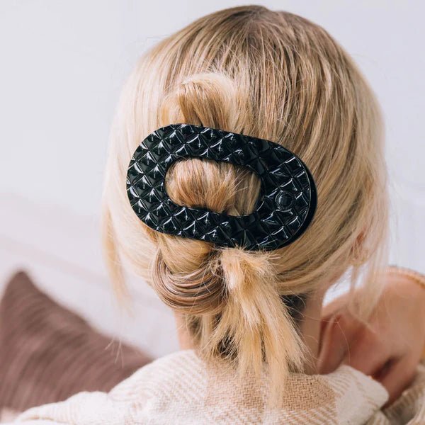 Teleties Jet Black Quilted Large Flat Round Hair Clip - Wild Azalea Boutique