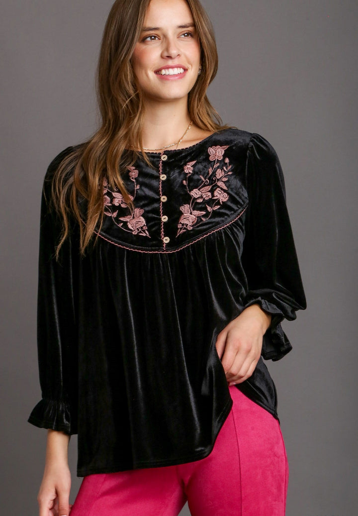 Umgee Velvet Embroidery Top - Wild Azalea Boutique