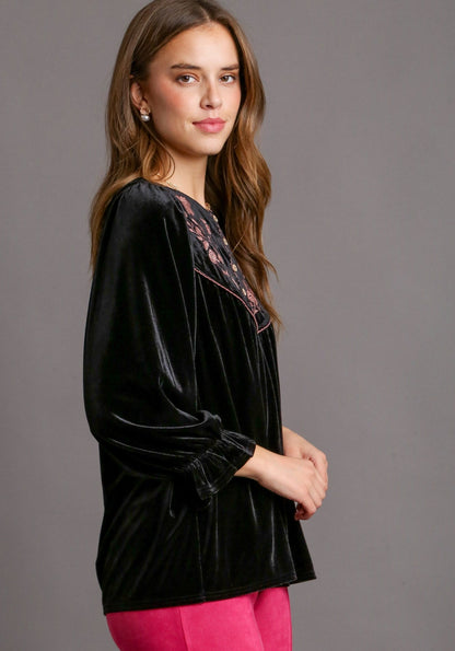 Umgee Velvet Embroidery Top - Wild Azalea Boutique
